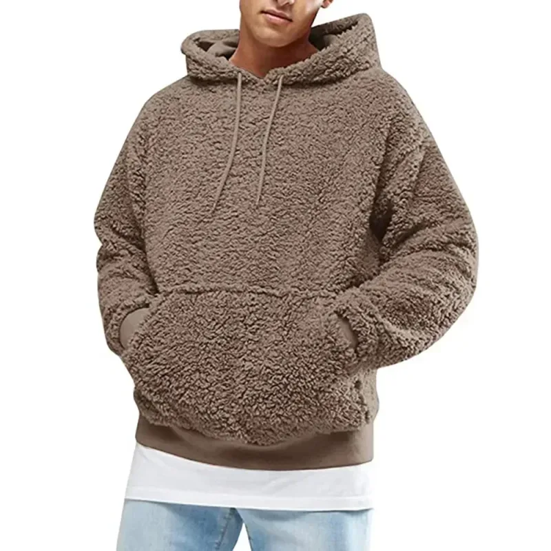 2026 Autumn Winter Men's Tops Plush Hooded Sweater Fashion Solid Warm Hoodies Y2K Streetwear in Hooded Sweatshirts Mens Clothes