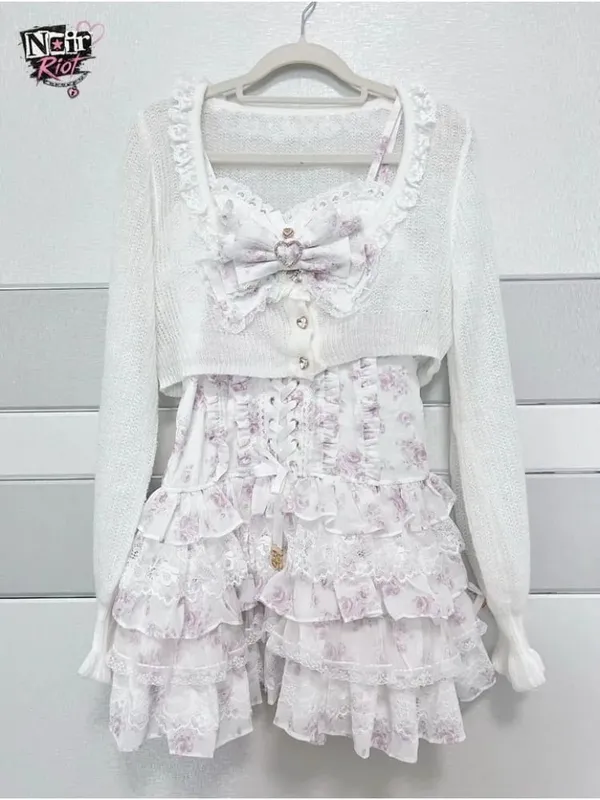 Jirai Kei Dark Sweet Lolita Mini Dress Women Bowknot Lace Puff Corset Heart Ruffle Cake Skirt Japanese Kawaii Harajuku Fashion