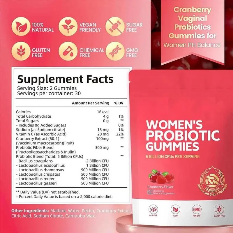 Women Probiotic Gummies With Cranberry For Vaginal & Urinary Health Digestive Health Support Berry Flavor Dietary Supplement