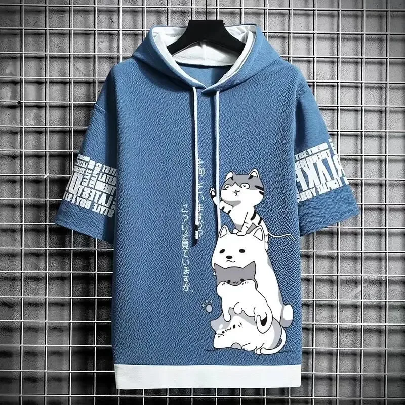 Hoodie Pria Fashion Jepang Pakaian Pria Musim Panas Atasan Bertudung Gambar Cetak Pakaian Jalanan Harajuku Kasual Kartun Kaus Pria Lengan Pendek