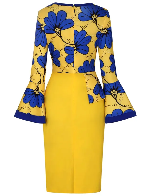 Women Long Sleeves Ethnic Floral Print Round Neck Autumn Knee Length Bodycon Dress Fashion Casual Commuter Party Pencil Dress