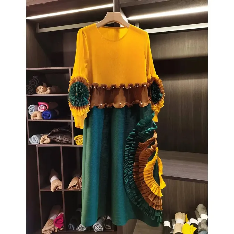 Pleated Tie Flower Long Sleeve Women's Dress Chic New Loose Colorblock Patchwork Design Beading Famale Clothing 2DB6651