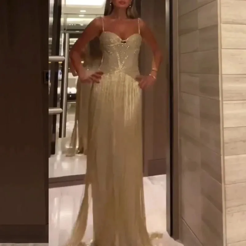 Sexy Off Shoulder Sleeveless Suspender Dress Women's Elegant High Waist Slim Tassel Long Dress Fashion Draped Solid Long Dress