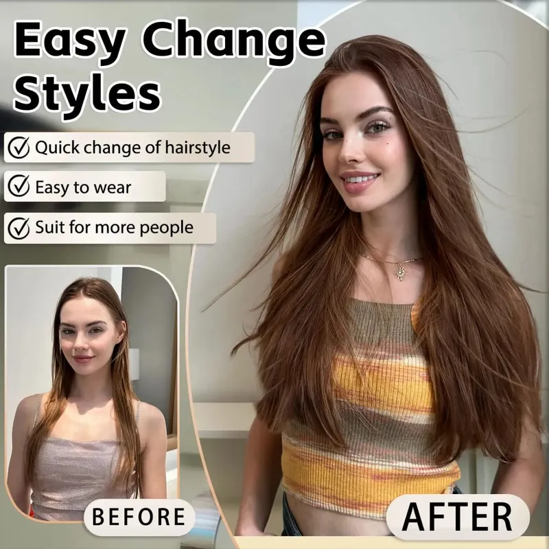 3PCS Thick Light brown Long Straight Set 24inch Synthetic Clip in Hair Extensions for Women