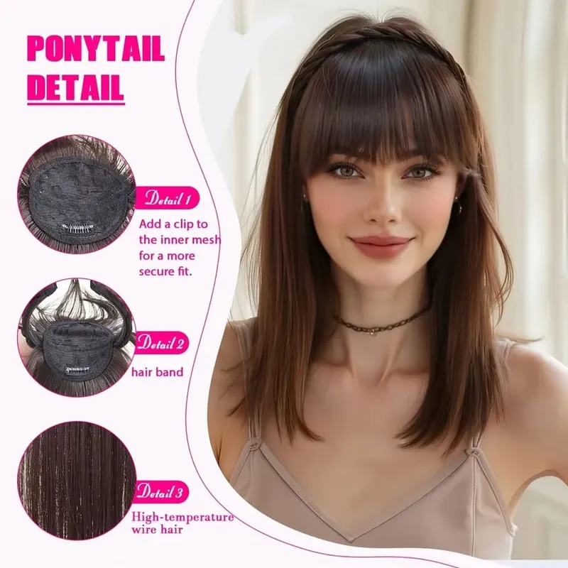 Snoilite 11'' Braided Headband with Clip-In Hair Topper With Bangs Natural Look Synthetic Straight Hair Extensions for Women 92g