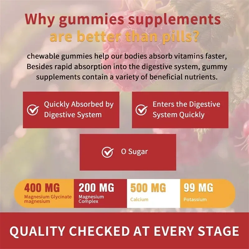 Magnesium Glycinate Gummies - Brain Health Strengthen Muscles and Bones Improve Sleep Relax Nerves