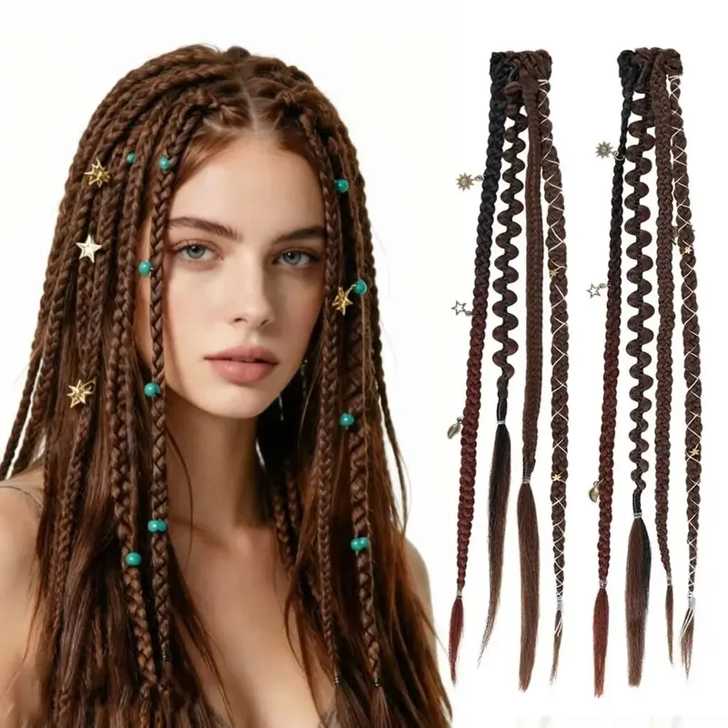 2Pcs Clip in Braided Hair Extensions for Women 16/20 Inch Handmade Synthetic Boho Clip in Braid Hairpieces with Beads & Charms
