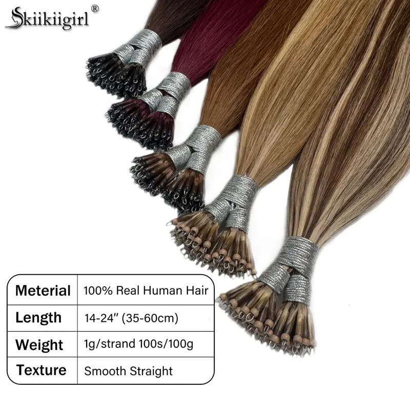 1g/s 100Strands Real Human Hair Nano Ring Hair Extensions Machine Remy Pre-Bonded Straight Micro Beads Nano Tip 16''-24''