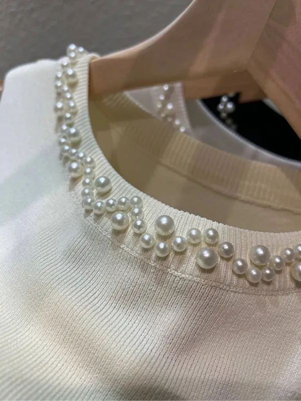 White Women Camisole 2026 New Summer Slim Thin Ice Silk Knit Vest Trendy Beaded Decor O-Neck Sleeveless Tank Top