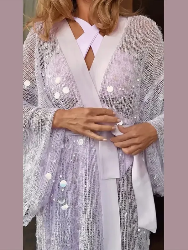 Sexy Women's Sequined Cardigan Long Dress Loose Hollow Out See Through Full Sleeve Lace Up Dresses 2026 Summer Beach Robe