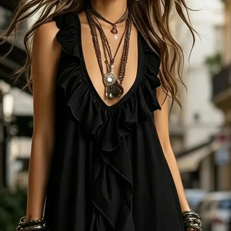 Boho Deep V Neck Sleeveless Dress Women Ruffle Swing Maxi Dress Summer Loose Solid Color Long Dresses