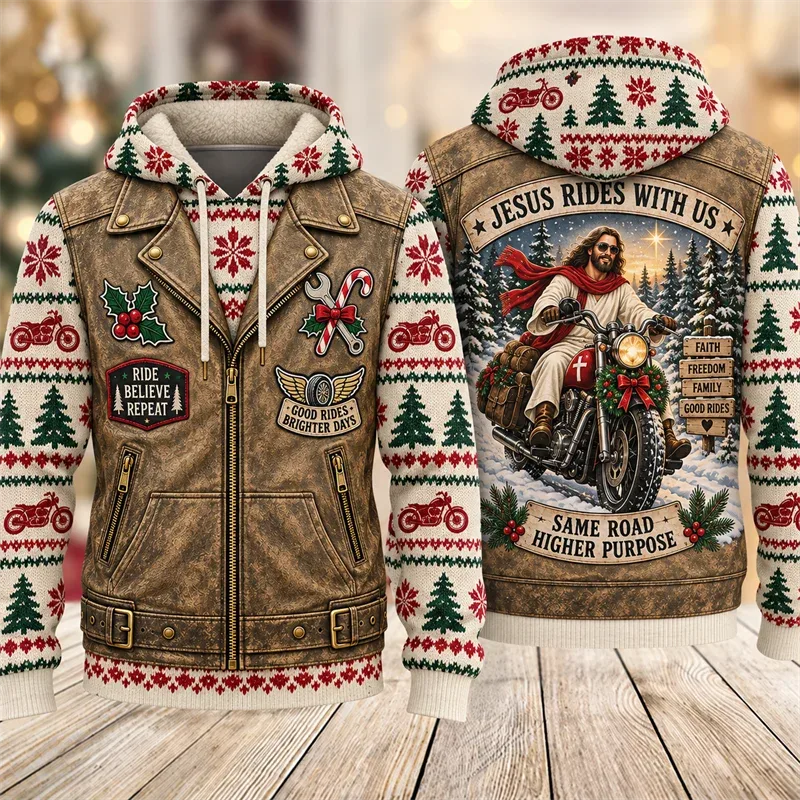 Christmas Biker Hoodie 3D Print Santa Reindeer Gingerbread Rider Faux Leather Vest Holiday Pullover Winter Streetwear Gift
