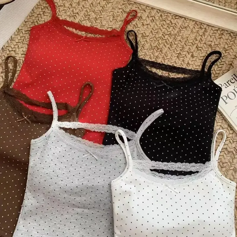 Women Summer Polka Dot Tank Tops Sweet Lace Edge Built-in Bra Pads Backless Slim Fit Camis for Travel Daily Wear