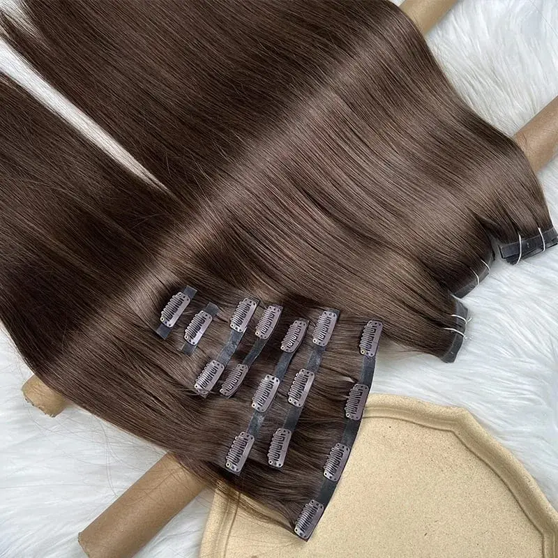 #2 Color Invisible Seamless Clip in Hair Extensions Straight PU Weft Clips In Double Weft 100% Raw Virgin Human Hair 7PCS/100g