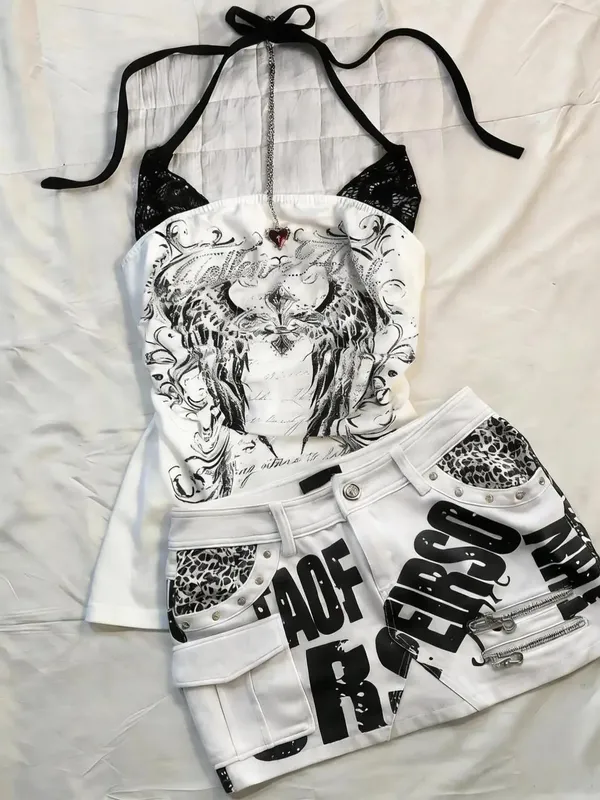 American Vintage Y2K Halter Crop Top Women Sleeveless Vest Punk Printed Casual Subculture Summer Slim Street Tank Tops