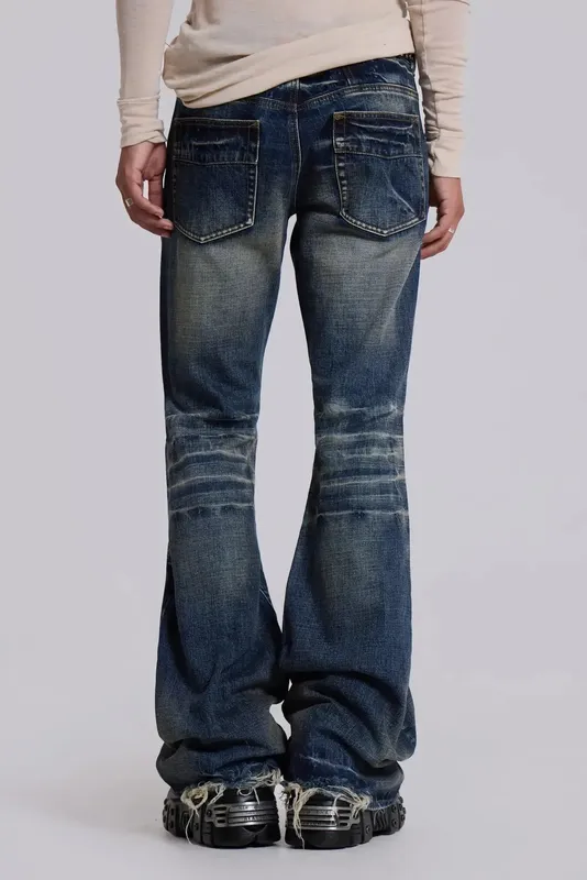 Y2K Mid Blue Flared Jeans Washed Men Women Bootcut Jeans Gothic High Street Unisex Streetwear Baggy wide leg Pants