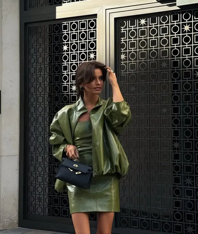 Vintage Green Leather Skirt Sets Women Fashion Solid Strapless Short Skirts Zipper Jacket Outfits Lady Daily Highstreet Outfit