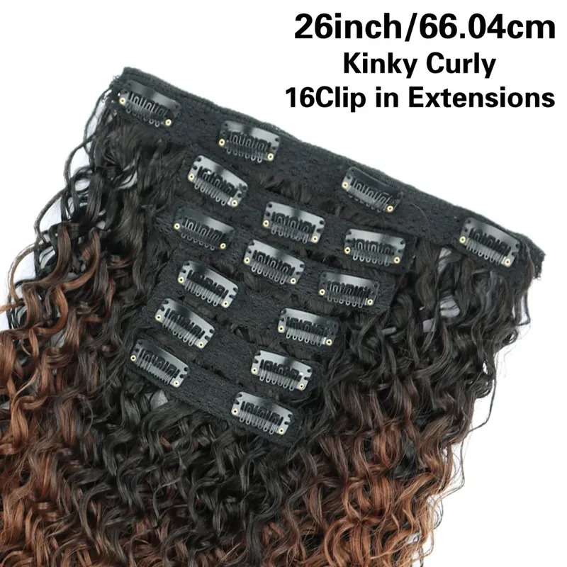 Synthetic 26Inch Kinky Curly 16 Clip In Hair Extensions Black Brown Full Head Fake Pieces Kinky Curly Hair Extensions