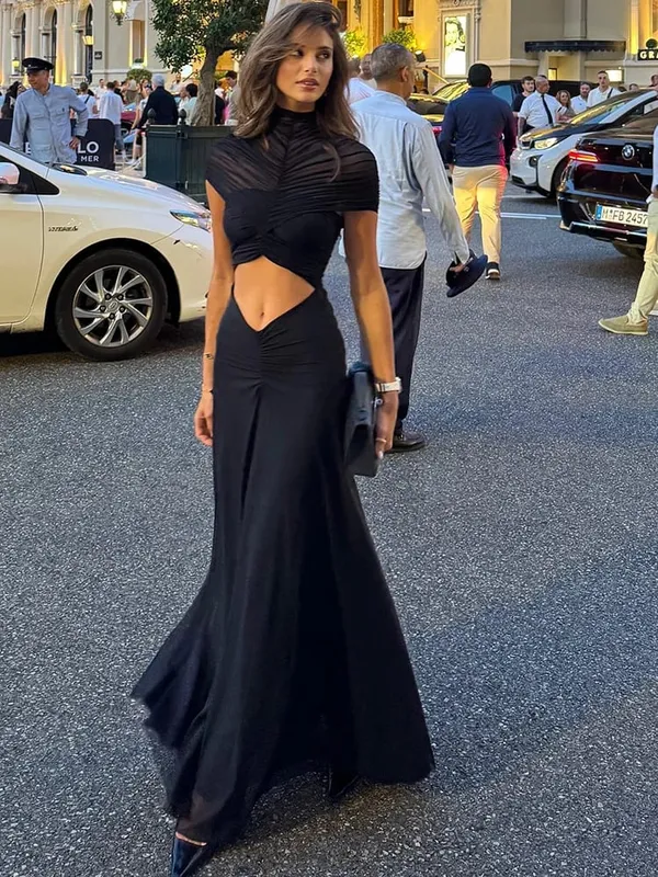 MO Sexy Hollow Out Turtleneck Women Maxi Dress Coffee Short Sleeve See Through Mesh Bodycon Elegant Party Evening Dress