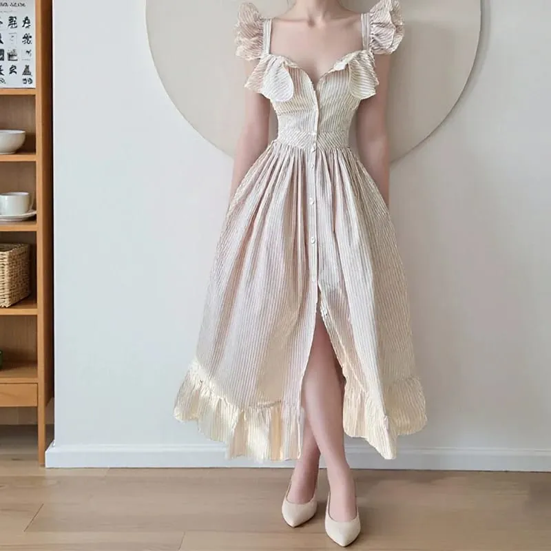 Mangas voadoras listradas vestidos longos mulher elegante único breasted a linha roupões feminino chique cintura alta verão senhora roupões férias