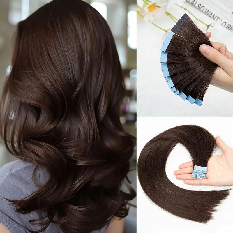 Blonde Mini-Tape-in-Haarverlängerungen, Echthaar, natürlich, glatt, schwarz, braun, doppelseitig, nahtlos, PU-Hautschuss-Tape-Ins, 10 Stück — image 9