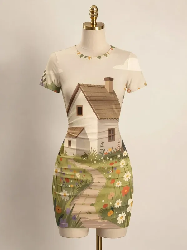 Womens Short Sleeve Bodycon Mini Dress Slim Fit Crew Neck Floral Print Casual Summer Party Cute Elegant Travel Vacation Sundress