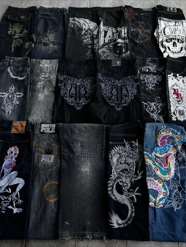 Retro Y2K Oversized Print Explosions Mens Jeans American Hip-hop Trend Gothic Straight Pants Harajuku Casual Couple Wide Pants