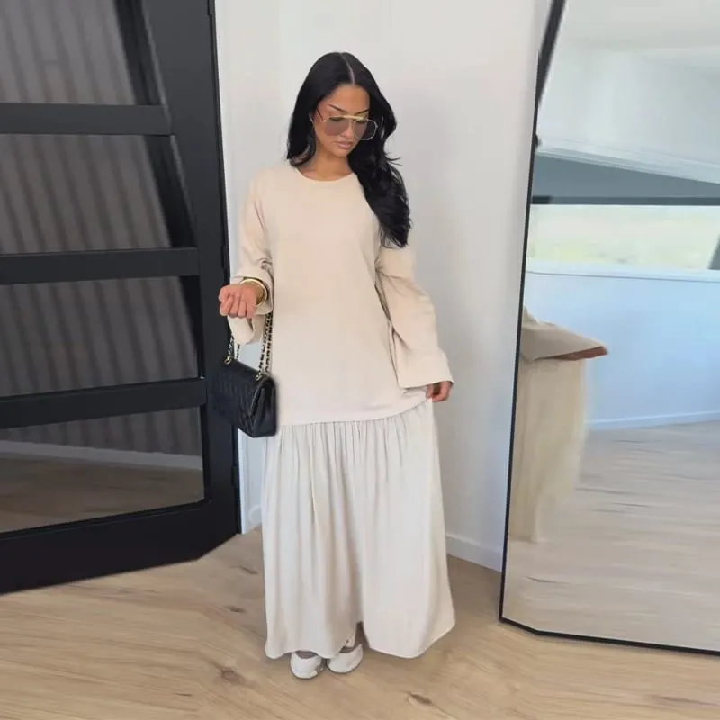 Solid Color Loose Fit Flare Sleeve Tiered Dress Crew Neck Ruffle Hem Pleated Long Maxi Dresses 2026 Spring Chic Casual Outwear