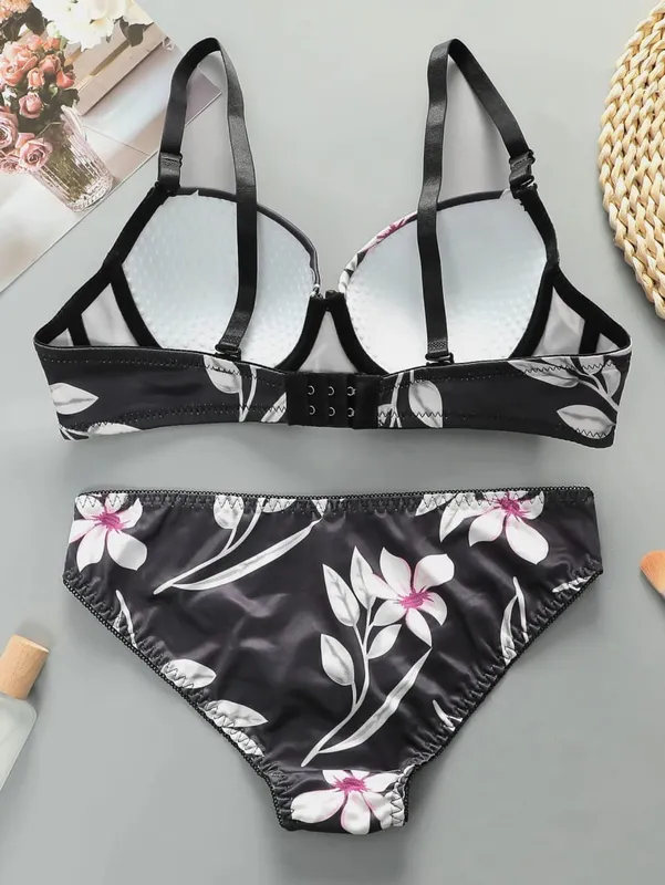 1 set High Quality Women's black bra Floral Print Bra and Panty Set Full Cup Support Elegant Summer Style A2135