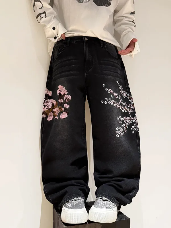 American Vintage Floral Embroidery Design Black Baggy Jeans Man Y2K Trendy Streetwear Fashion Casual Versatile Wide-Leg Pants