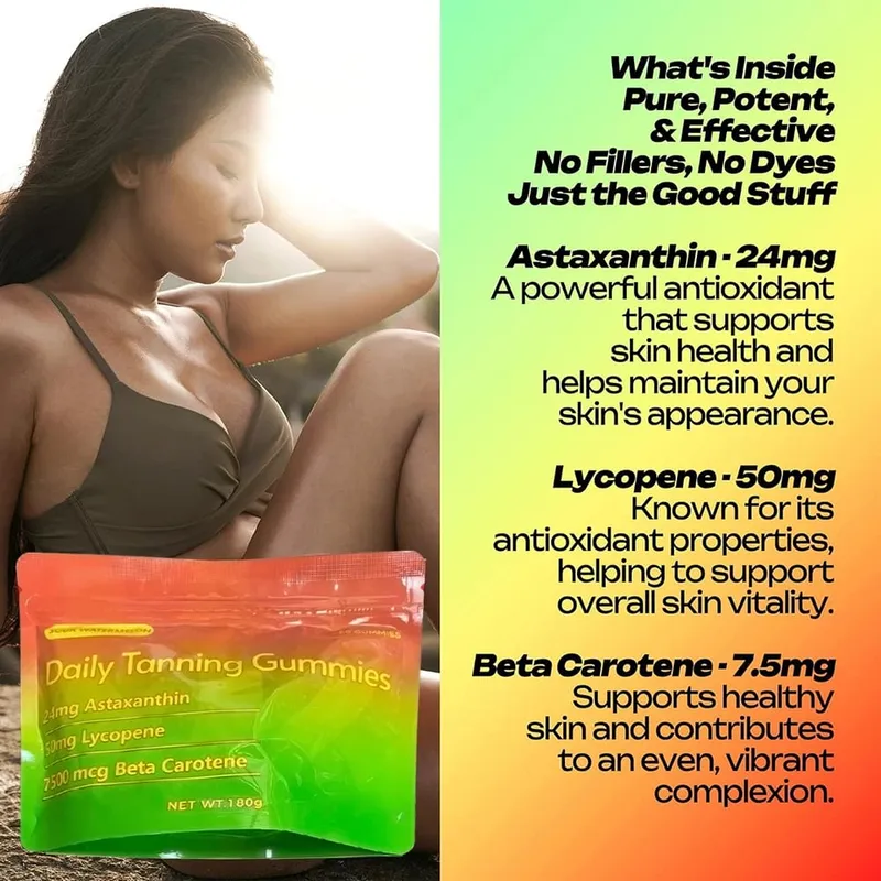 Gomas de bronzeamento - Suplemento de bronzeamento natural com astaxantina, licopeno e beta-caroteno - aumenta a melanina para uma pele radiante e com brilho
