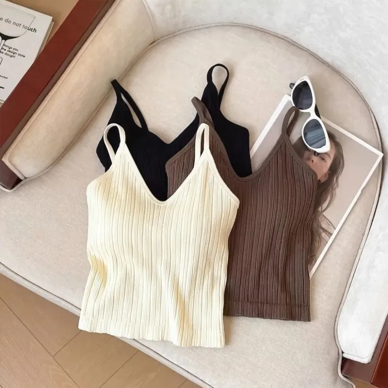 New V-neck Camisole Top Inside Wear One-piece Cup Halter Undershirt Sleeveless French Style Lingerie Summer