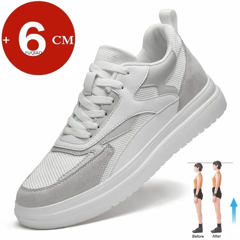 6cm Height Increase Shoes Unisex Genuine Leather & Mesh Breathable Lightweight Casual Sneakers Comfortable Elevator Footwear