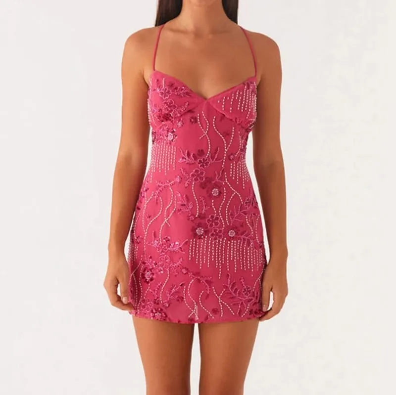 2025 เลื่อมลูกปัด Cami ชุดมินิเซ็กซี่ด้านหน้า V คอสั้นชุดผู้หญิง Backless Criss CROSS STRAPS ชุด