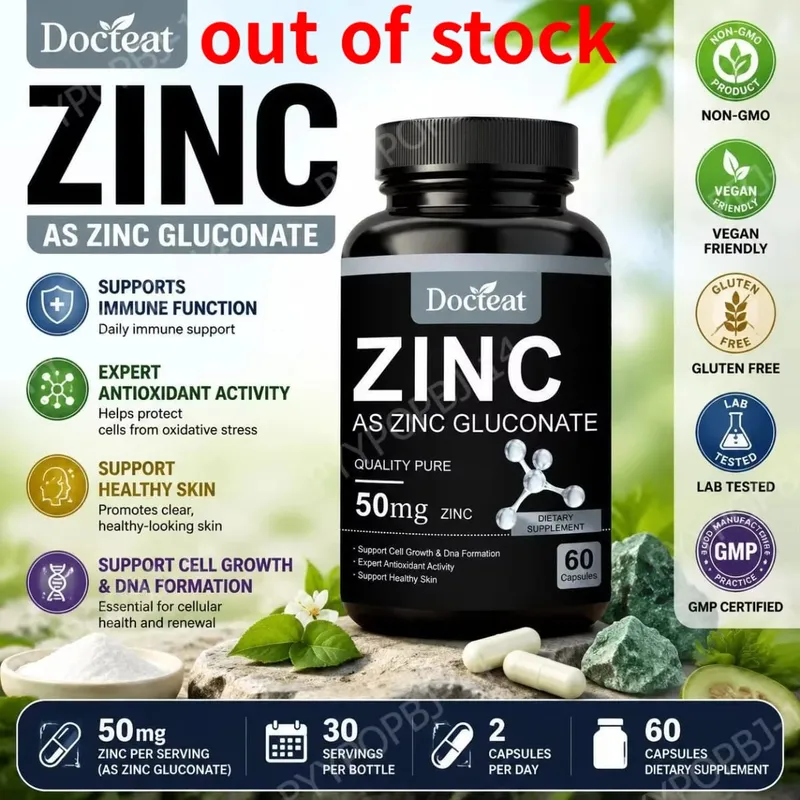 Docteat Zinc As Zinc Gluconate Capsules 50 Mg Zinc Per Serving Immune Support Antioxidant Activity Healthy Skin 60 Capsules