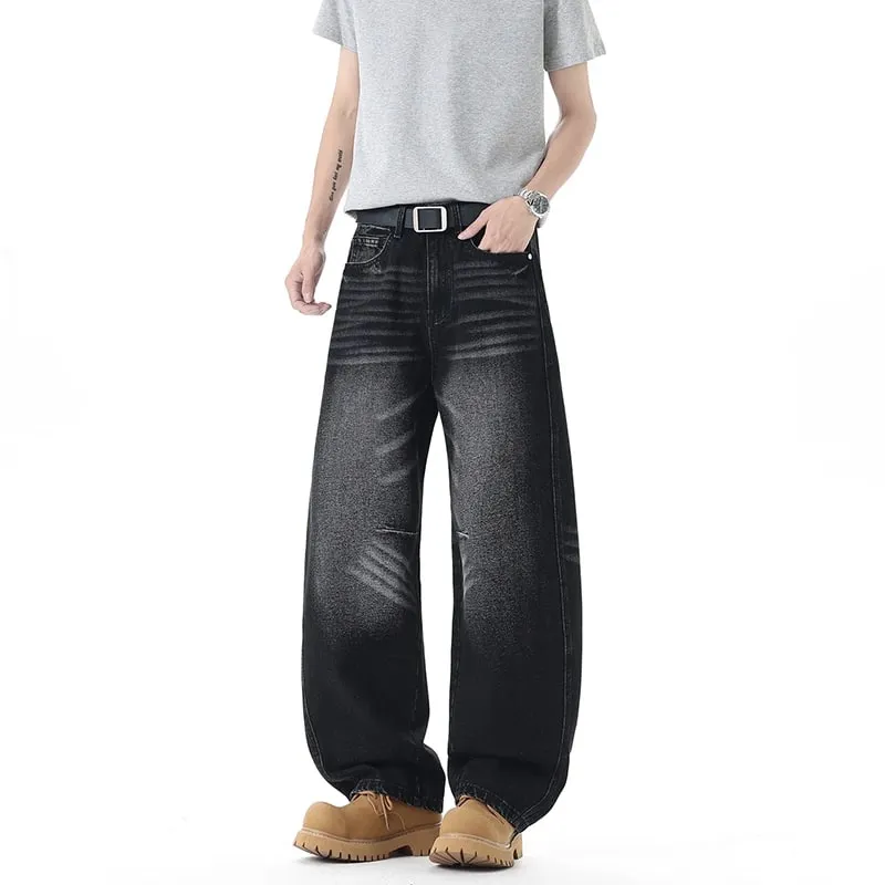 Men 2026 New American Curved Cut Jeans Fall Winter High Street Washed Whiskering Wide Leg Vintage Loose Denim Trousers