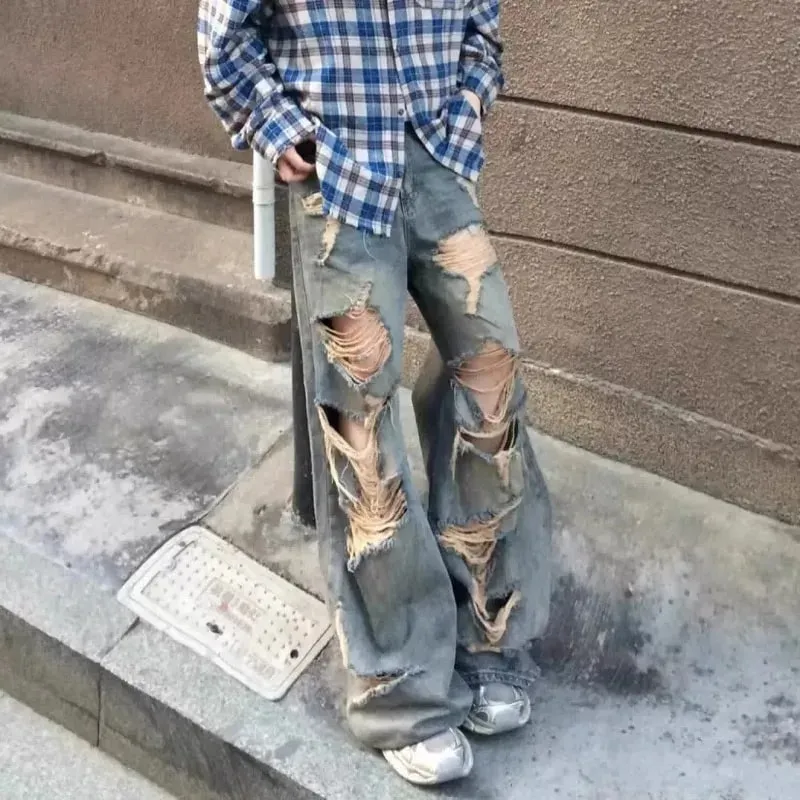 Men's Jeans Relaxed Fit Distressed Ripped Denim Pants Streetwear Summer Man Pants Washed Vintage Wide Leg Holes
