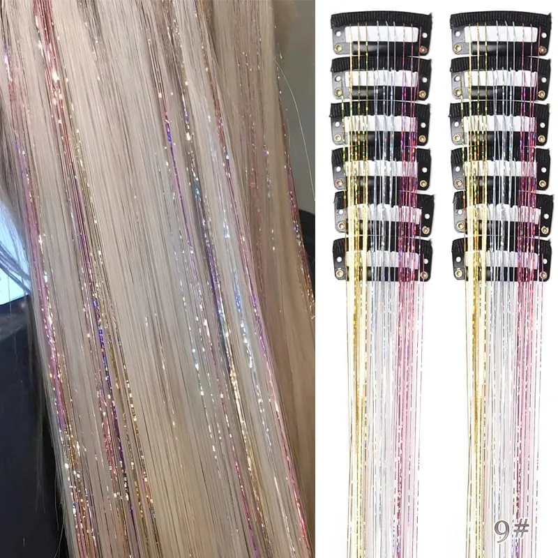 12pcs Per Pack of BB Hair Clips Shiny Metallic Hair Extensions with Clips Synthetic Hair Sparkling Hair Accessories for Women