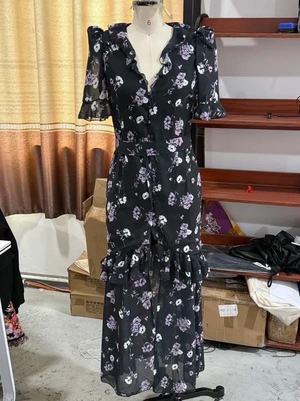 Women Floral Print Chiffon Maxi Dress Romantic Deep V-neck Flutter Sleeve High Low Lace Trim Dress 2026 Summer Elegant Lady Gown — image 14