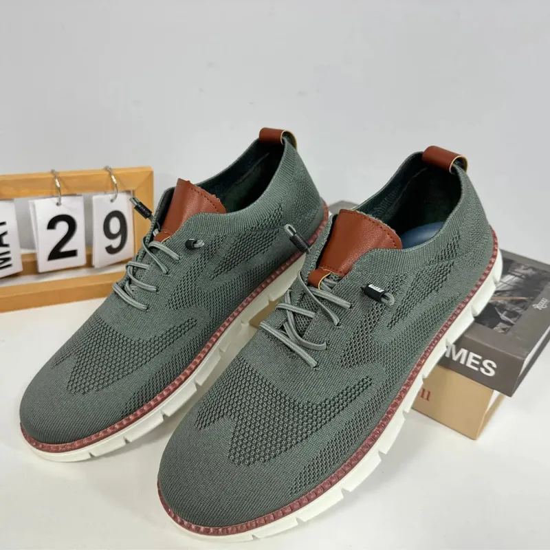 Men Knit Mesh Casual Sneakers Lightweight Lace Up Walking Shoes Flexible Non Slip Soft Breathable Big Size Male Outdoor Footwear