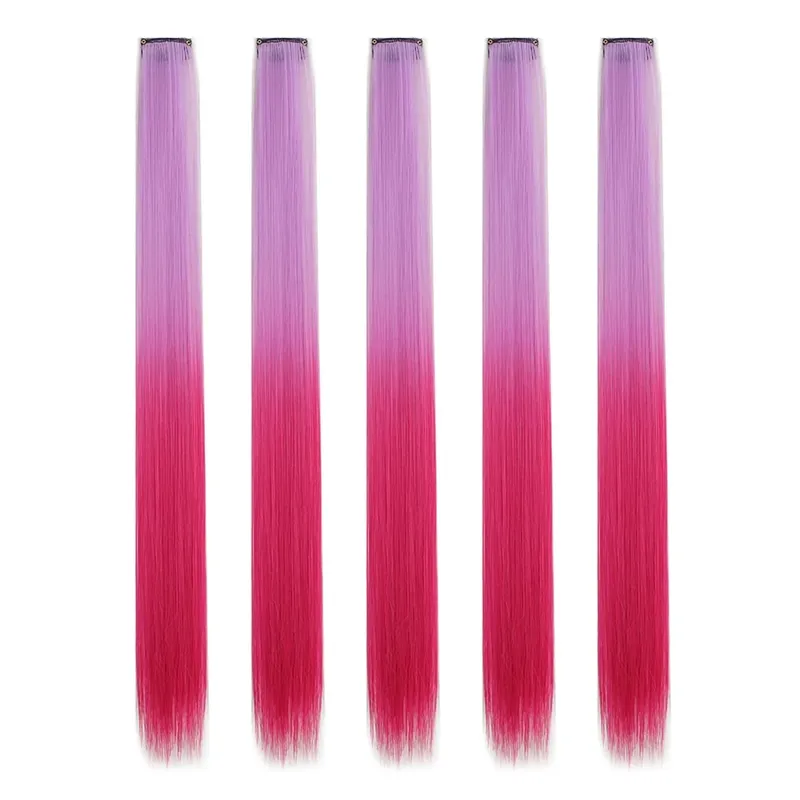 Extensions de cheveux synthétiques à clips, postiches colorées à reflets de fête pour filles, cheveux lisses multicolores de 18 pouces, 5 pièces/ensemble