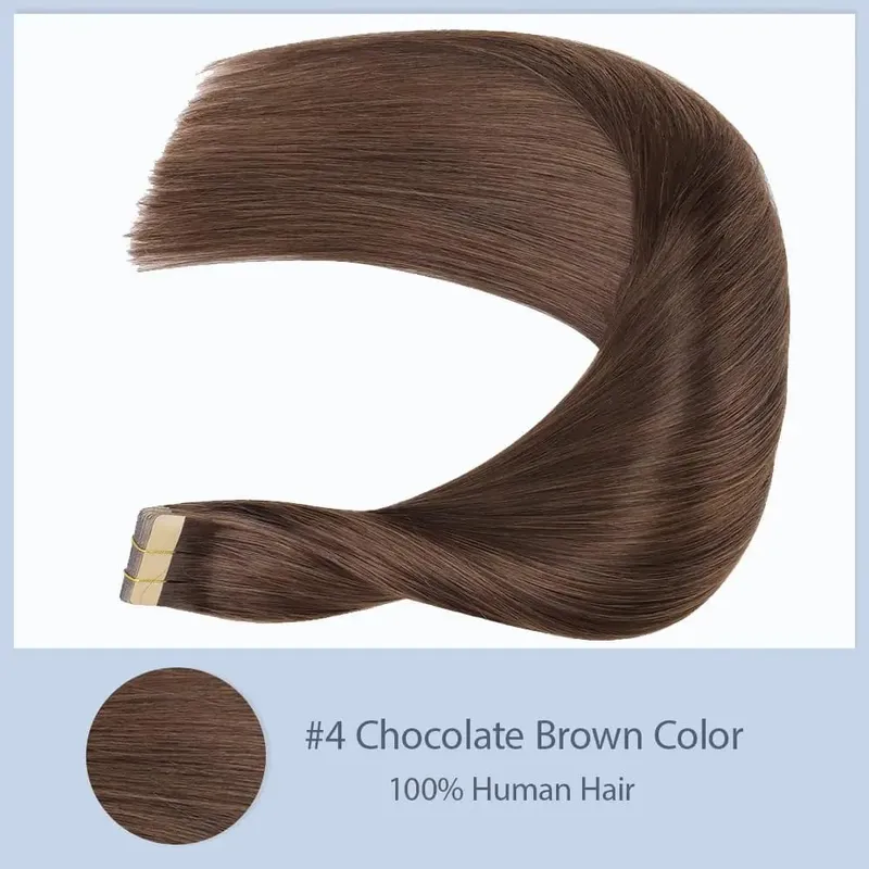 #4 Extensiones de cabello con cinta marrón Cabello humano 50 g Extensiones con cinta de cabello humano 20 piezas Cinta en marrón oscuro Marrón chocolate sin costuras