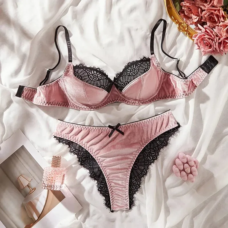 Sexy Lingerie Luxury Velevet Lingerie Set Sweet Lace Splicing Sexy Bras French Underwear Women Set Three-point Intimate Lingerie