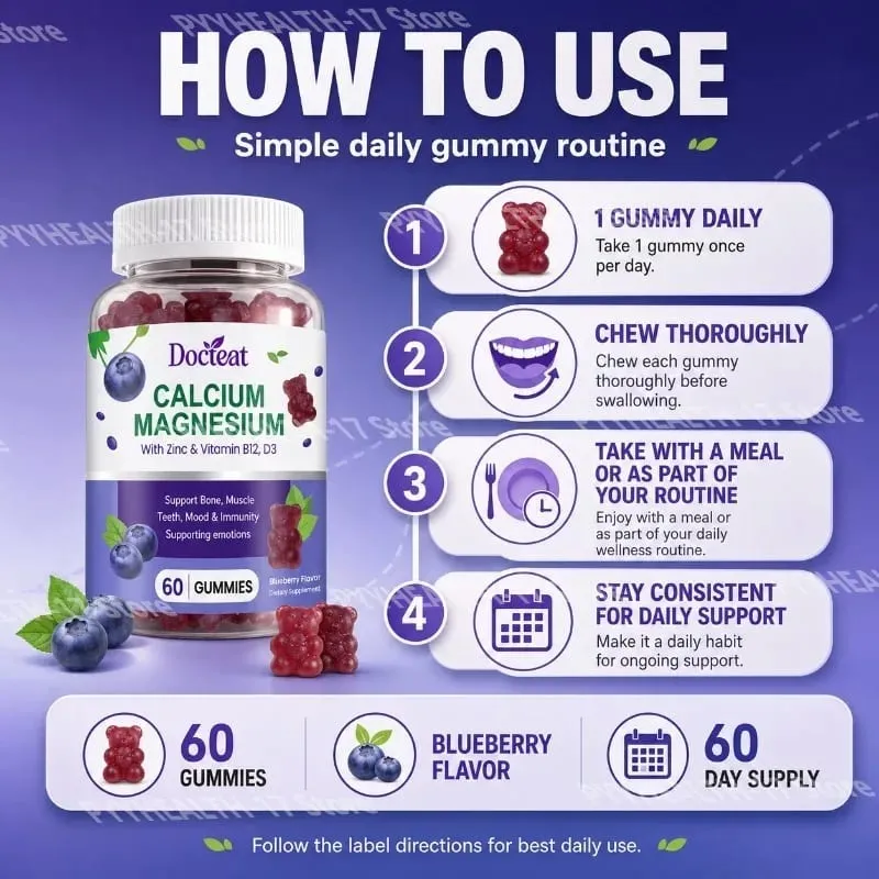 Calcium Magnesium Gummies with Zinc and Vitamins D3 B12 and B6 for Bone Teeth Mood & Immunity Support 60 Gummies