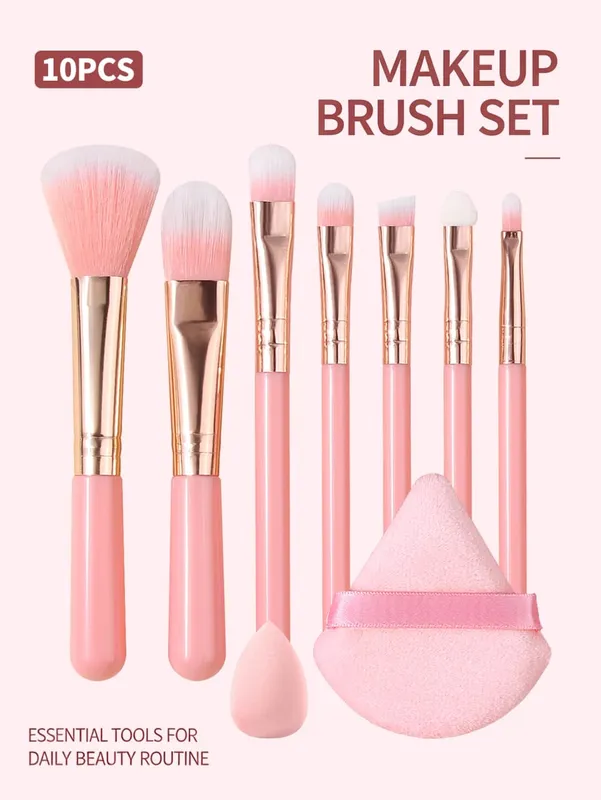 Makeup Brush Kit Soft 10pcs Synthetic Hair Make Up Brushes Foundation Blush Eyeshadow Cosmetic Tools with Powder Puff & Sponge