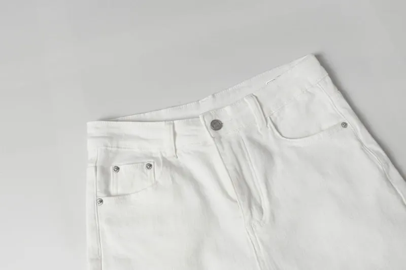 Đô Thị Đường Phố Nam Slim Fit Loe Quần Jean Trắng Đen Quần Jean Đau Khổ Tổng Thể Y2k Màu Giặt Skinny Jeans Nam Rách