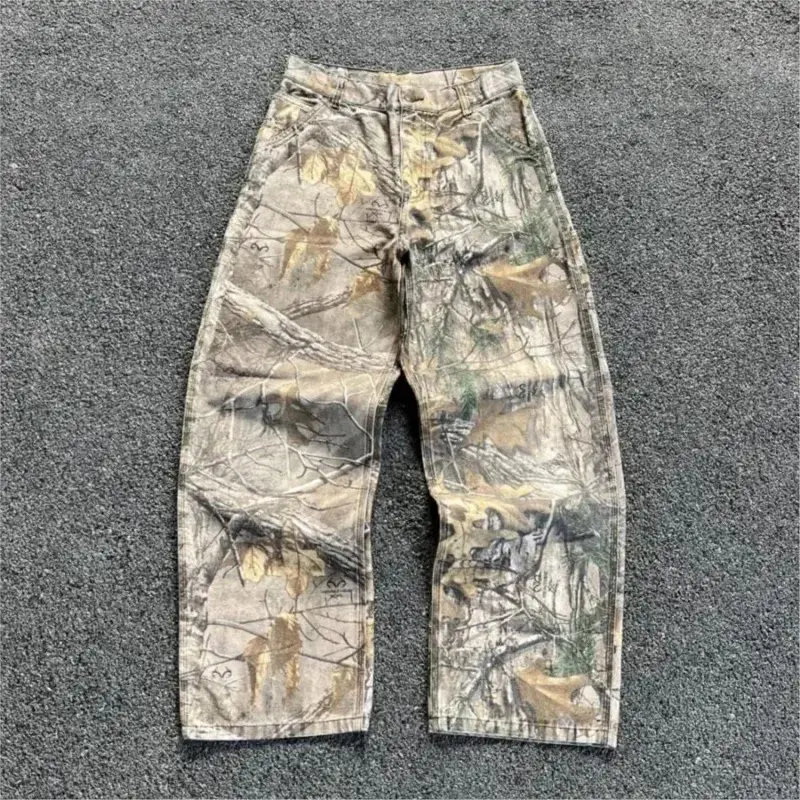Mænds gren Camouflage jeans i amerikansk stil Gamle vaskede brede ben Retro løs mode trend Street straight jeans Camo bukser Y2K