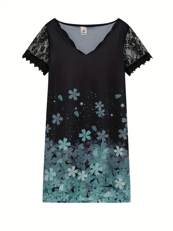 2026 New Women's New Positioning Printing Wave V-neck Lace Short-sleeved Dress