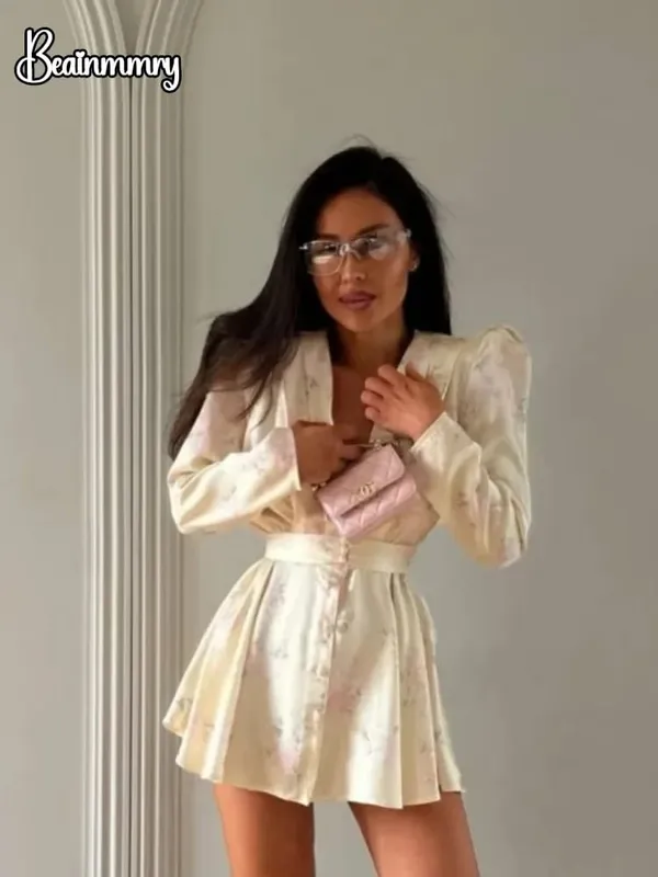 Mulheres mancha floral impresso com decote em v cintura cinched plissado mini vestido profundo decote em v manga longa botão-frente vestidos senhora festa robe — image 2