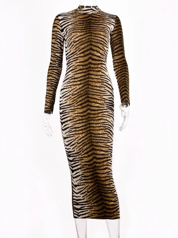 leopardprint langærmet slim bodycon sexet kjole efterår vinter kvinder streetwear fest festival kjoler outfits